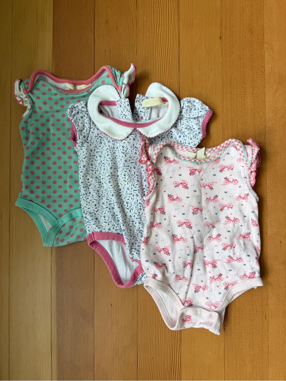 Matilda Jane lot of 3 baby bodysuits 6-12M, polka dot, bikes, and novelty print